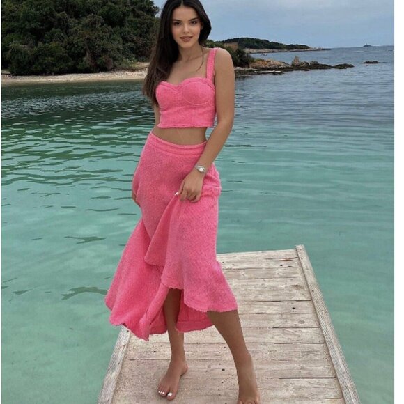 NWT ZARA Textured Tweed Flared Hem Candy Pink Long Skirt 2929/469/633